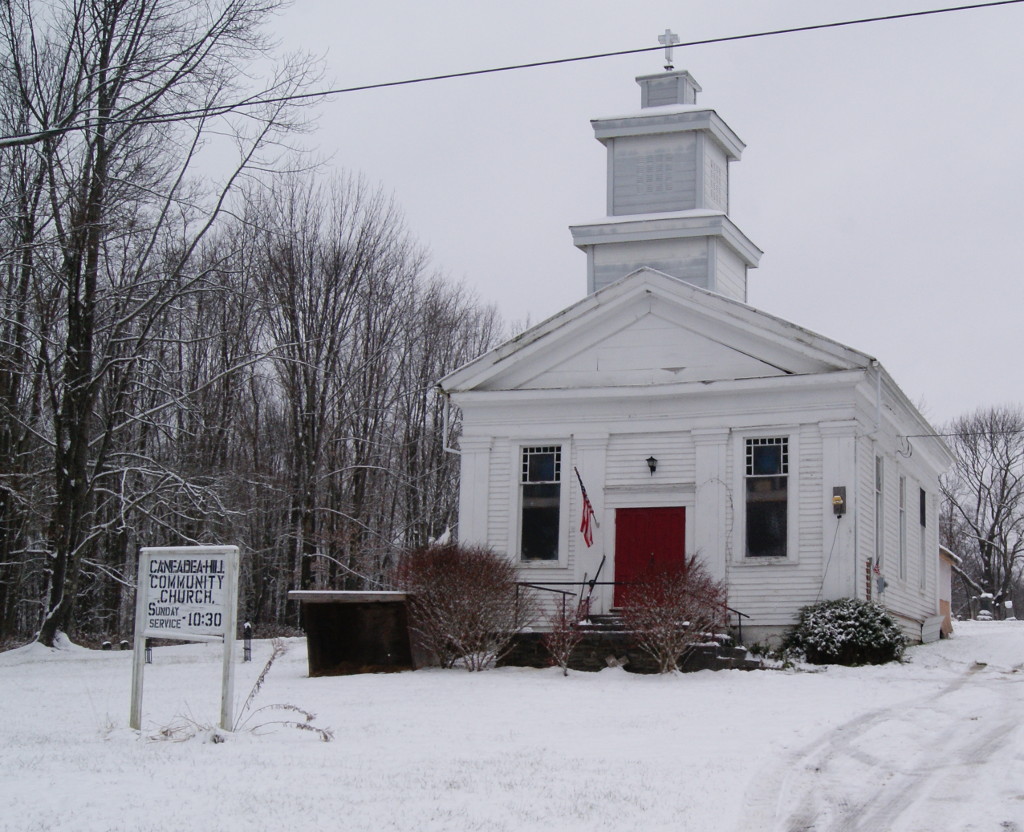 View of Caneadea Hills Community Church in winter